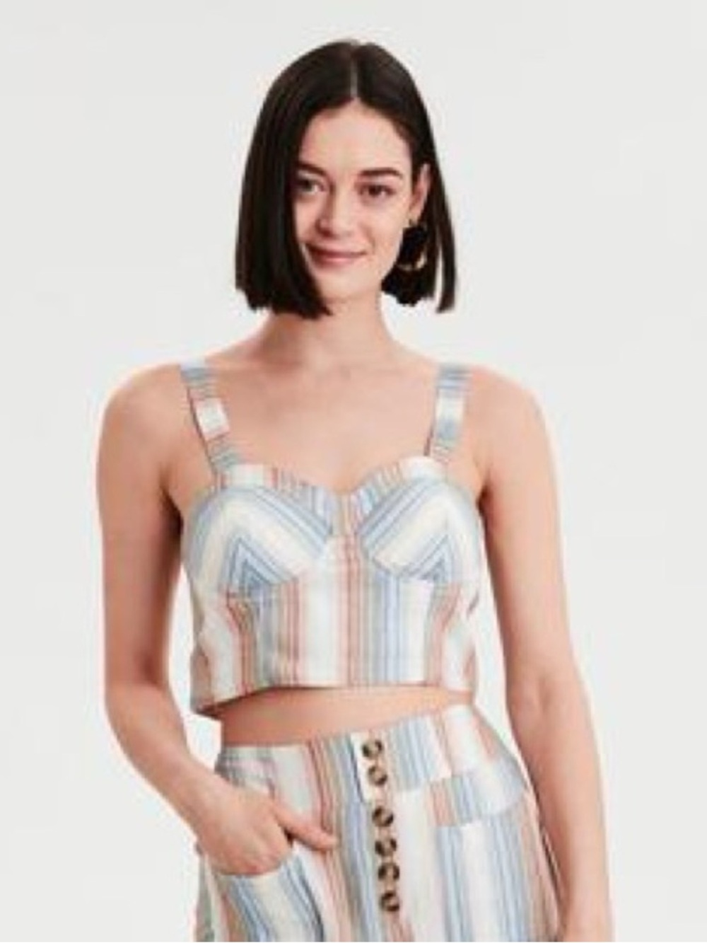 American Eagle Outfitters Striped Blue and Cream Crop Bustier Padded Festival